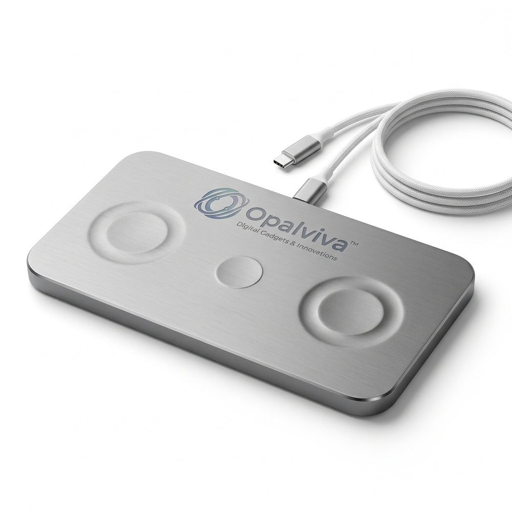 Opalviva™ TriCharge Flow 3-in-1 Wireless Charging Pad – 15W Fast Phone Charging, Multi-Device Charging Zones, Braided Cable & Slim Metal Design