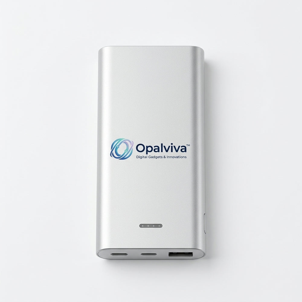 Opalviva™ VoltEdge 10,000mAh Portable Power Bank – Fast-Charge USB-C In/Out, USB-A Output, 4-LED Battery Indicator & Slim Metallic Design