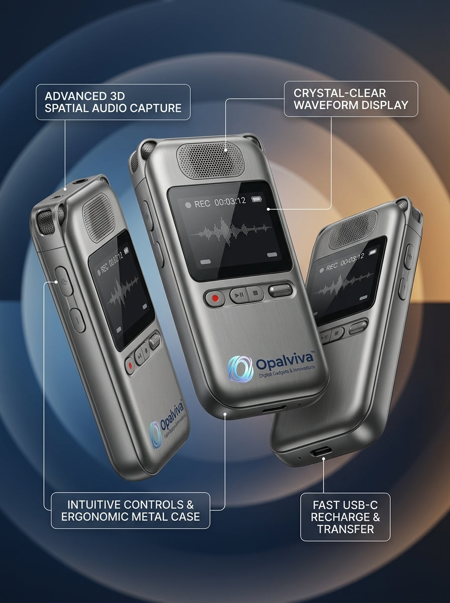 Opalviva™ VocaSphere Pro Portable Digital Voice Recorder – 3D Spatial Audio Capture, Waveform Display, USB-C Recharge & File Transfer, Metal Body